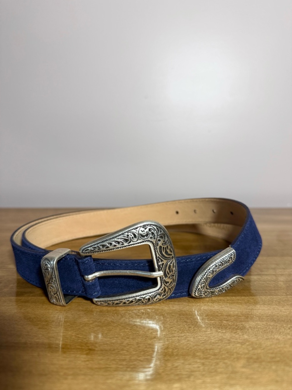 Persaman New York Navy Suede Belt with Western buckle and accents